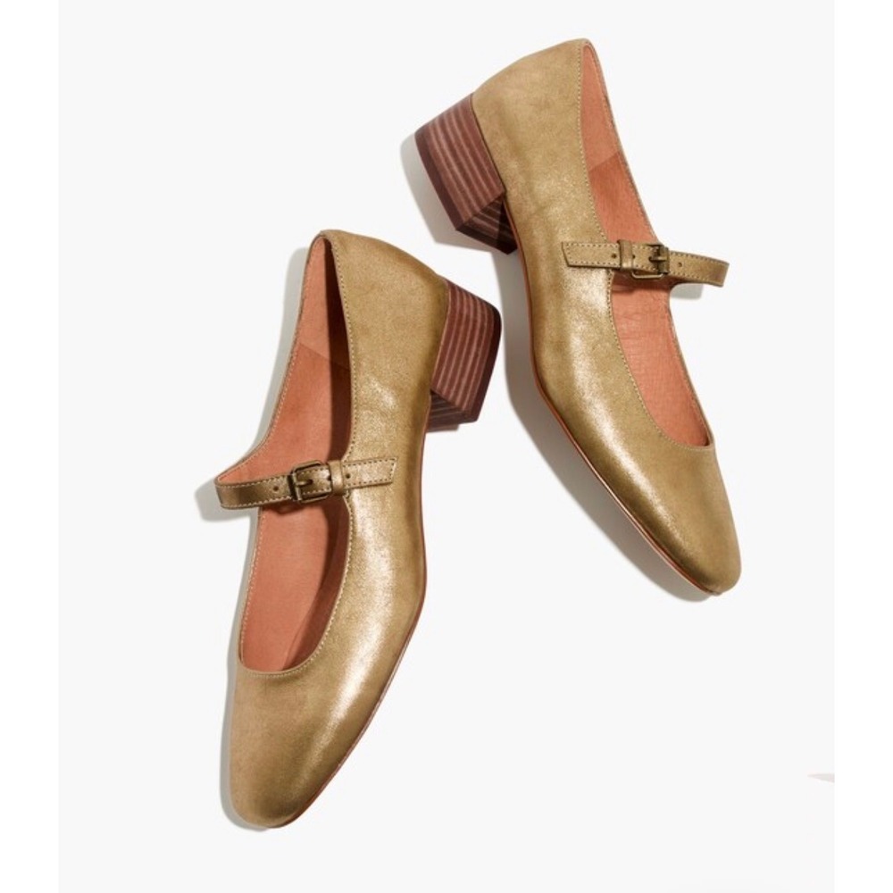Madewell The Delilah Mary Jane Gold Metallic Leather Block Heel Shoes Size 10